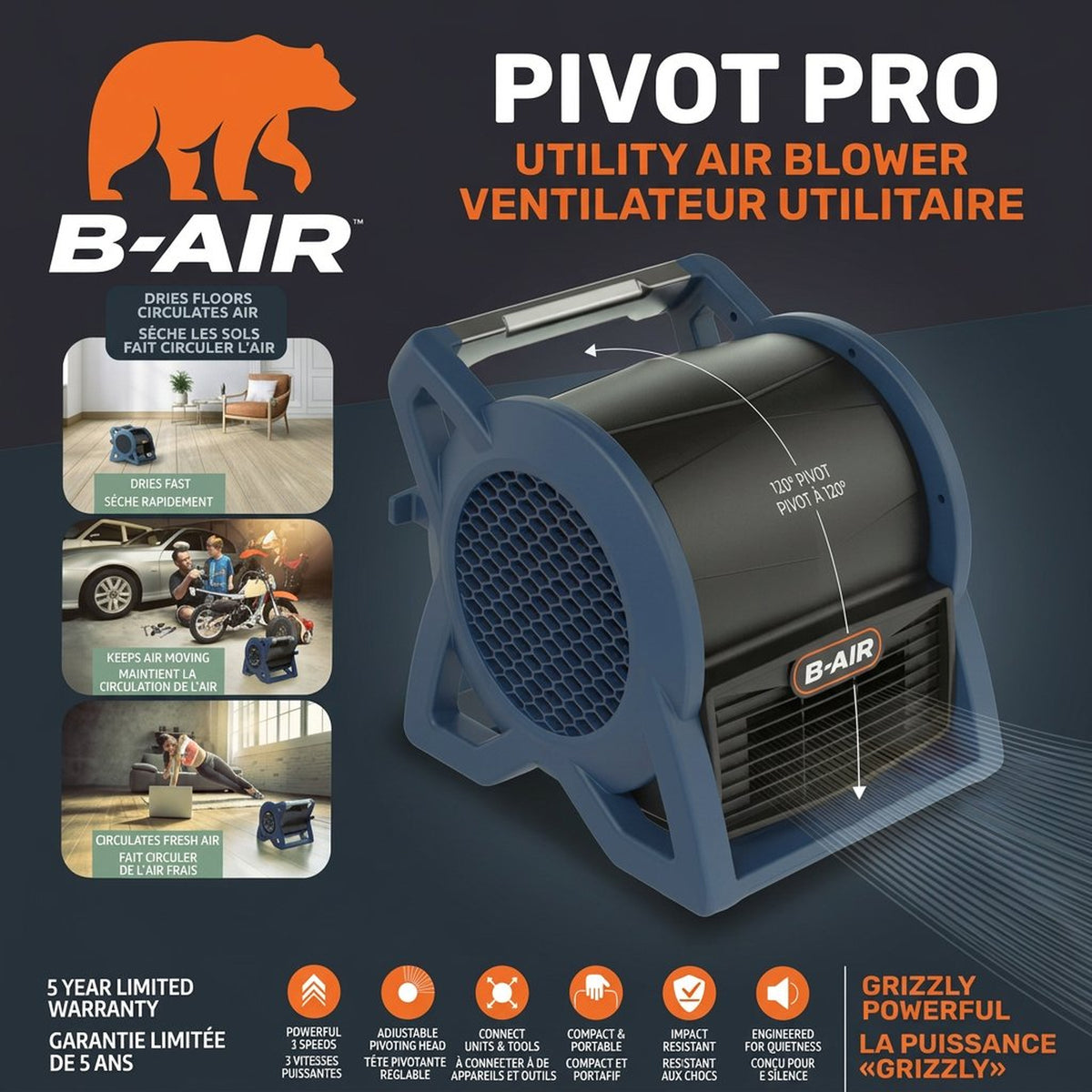 B-Air Pivot Pro Utility Air Blower - 3-Speed 120° Pivoting Head product photo 2