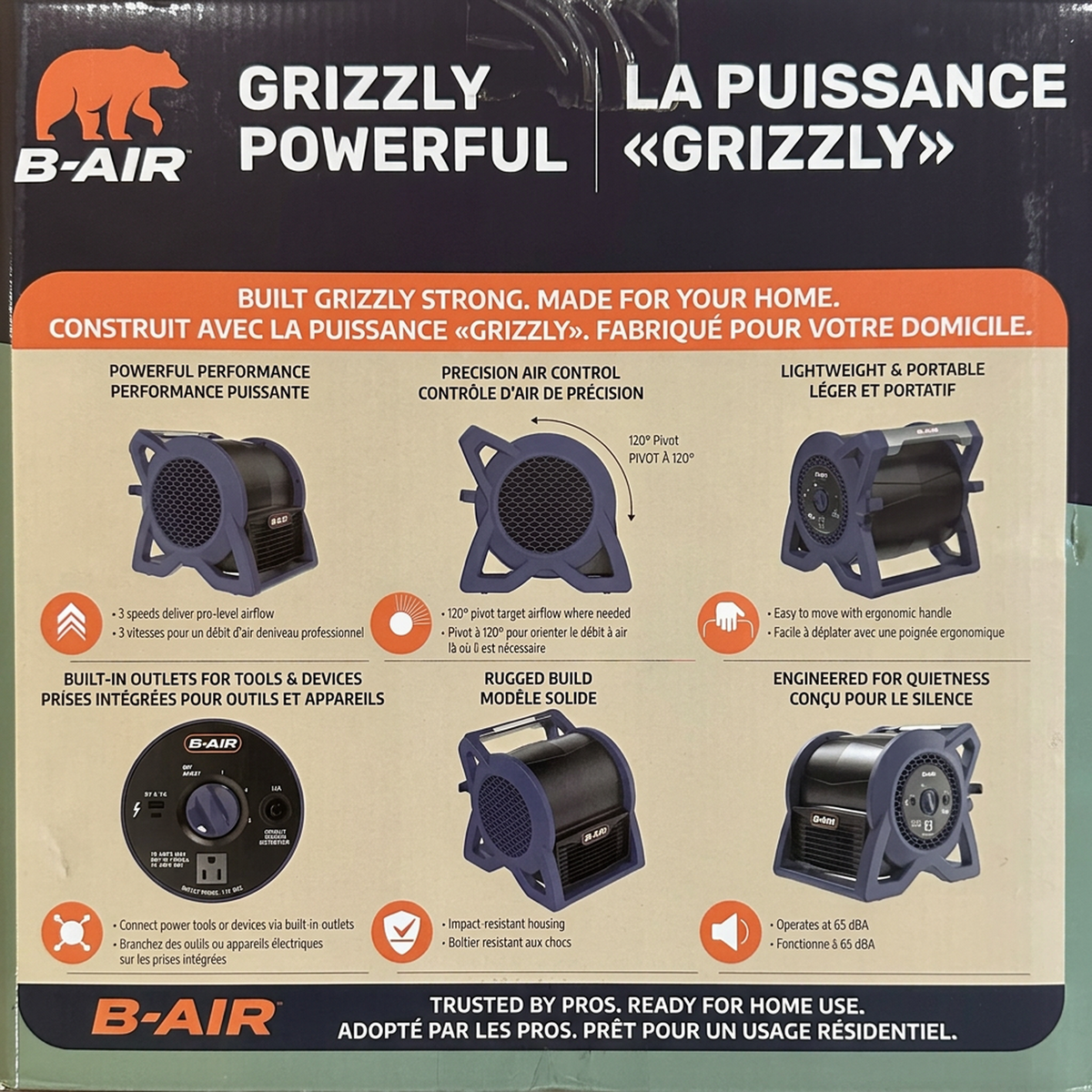 The back of a B-AIR Grizzly Powerful portable air conditioner box, showing product features and illustrations in French and English.