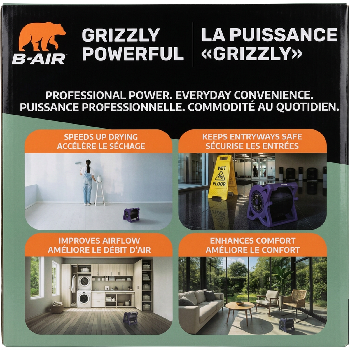 Back of a B-Air Grizzly Powerful carpet dehumidifier package, showing product features with four inset photos on a black and sage green background.