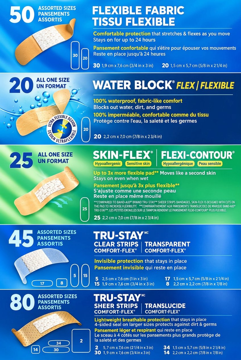 Band-Aid Brand Adhesive Bandages Multipak size and count breakdown by bandage type