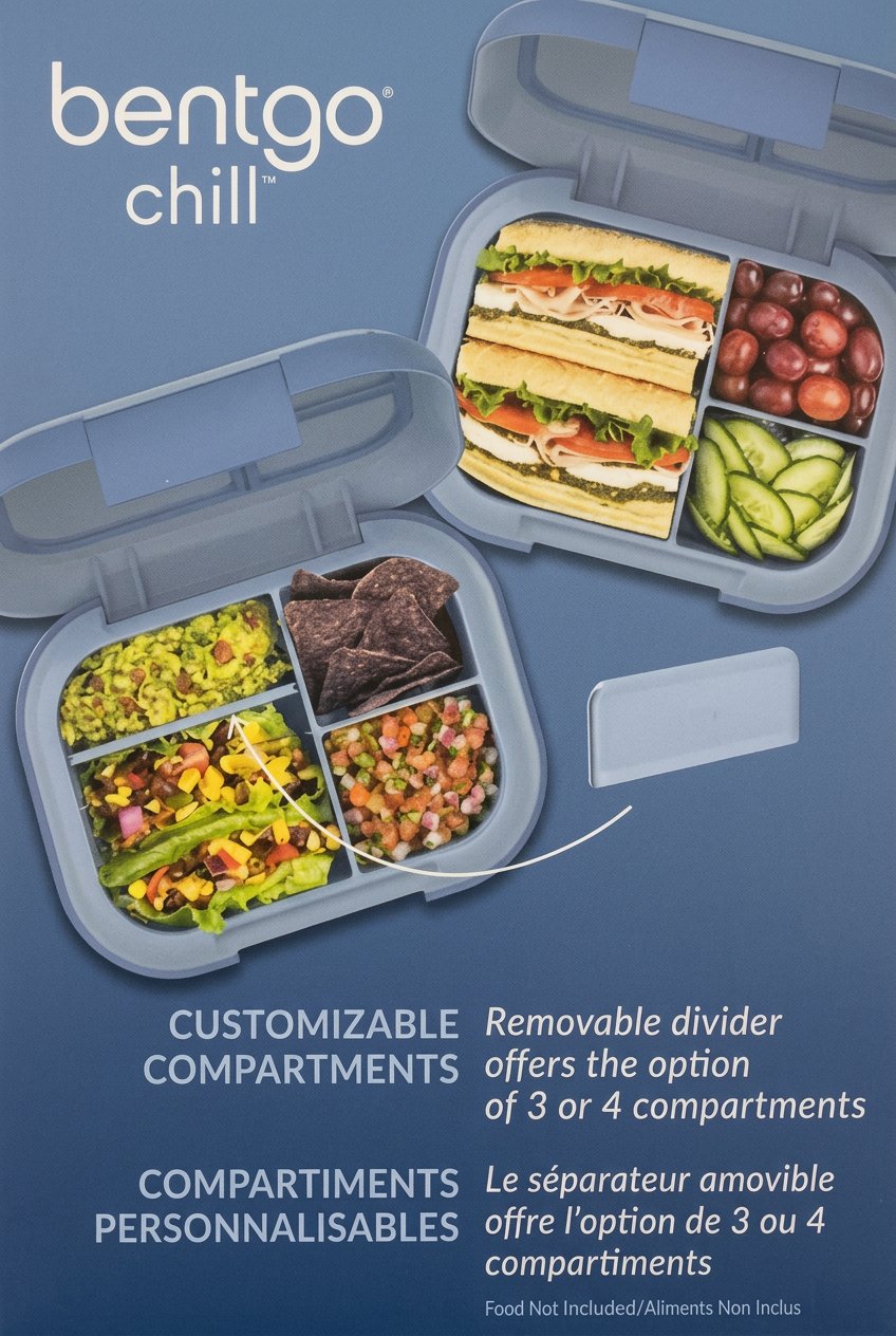 Bentgo Chill lunch box packaging with compartments filled with food on a blue background