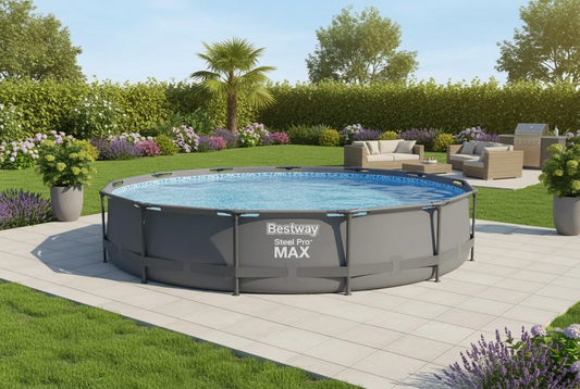 Round above-ground pool with 'Bestway' branding in a garden setting.