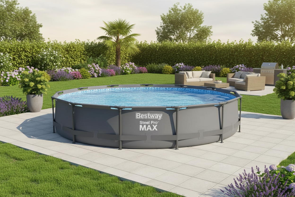 Round above-ground pool with 'Bestway' branding in a garden setting.