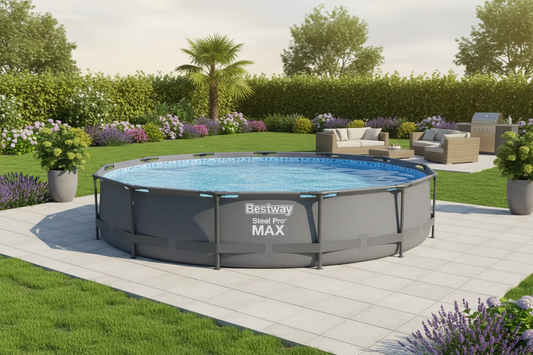 Round above-ground pool with 'Bestway' branding in a garden setting.