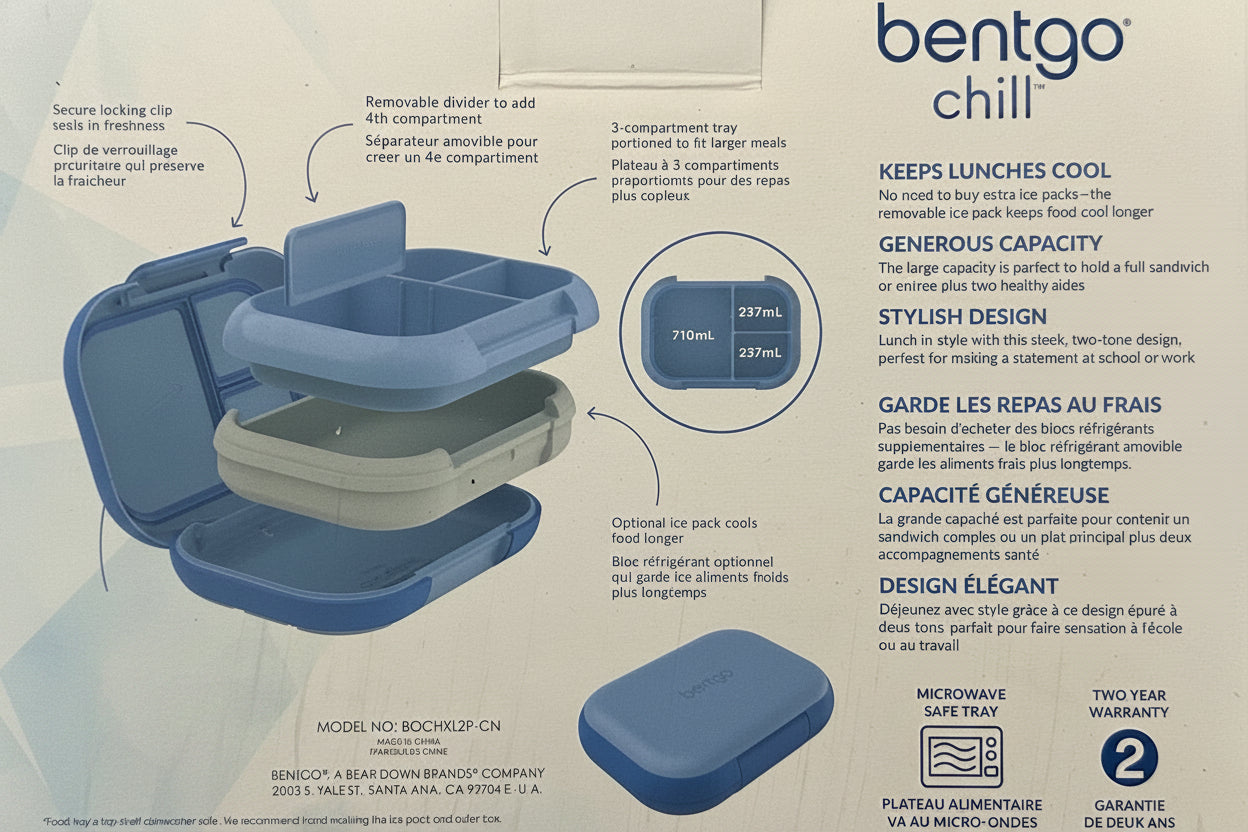 Bentgo Chill lunch container packaging with product details on a black surface
