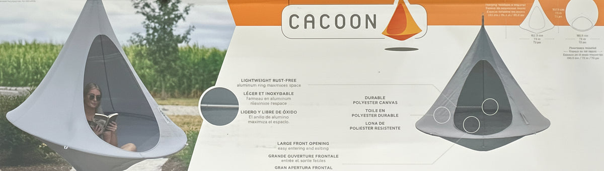 Cacoon product packaging with a gray hanging tent and brand name.