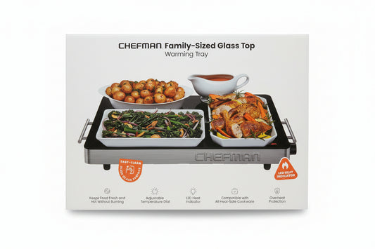 CHEFMAN Family-Sized Glass Top Warming Tray packaging with food images on a white background