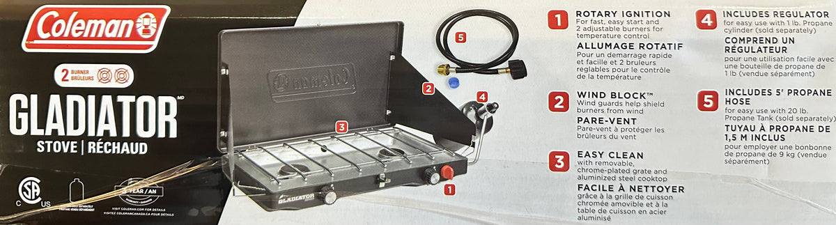 Coleman Gladiator stove packaging with features listed on a white background