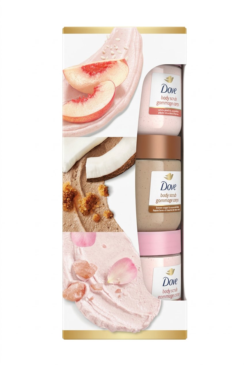 Dove body wash bottle in a box on a black speckled surface
