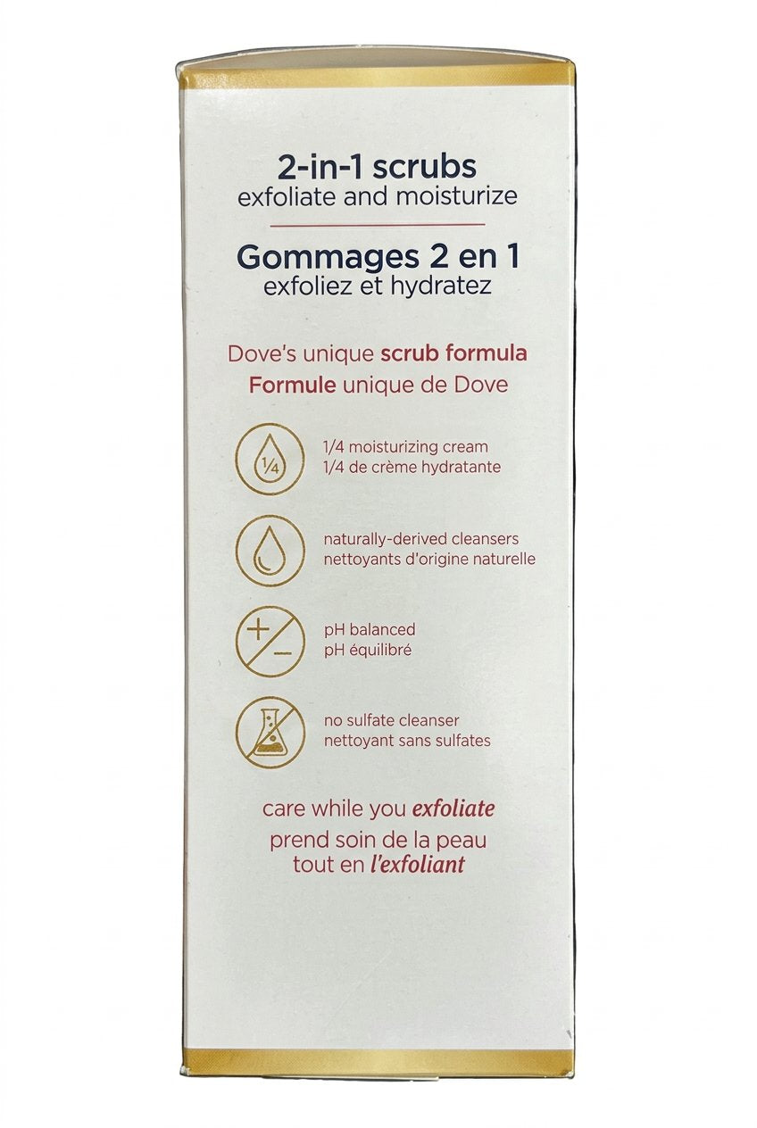 Dove 2-in-1 scrub packaging on a dark textured background
