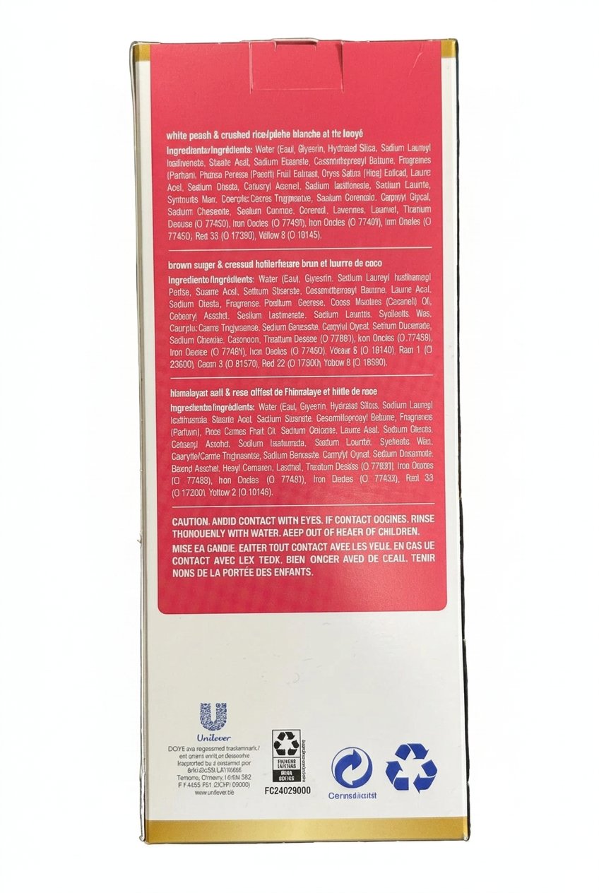 Product packaging with text and a barcode on a dark speckled surface