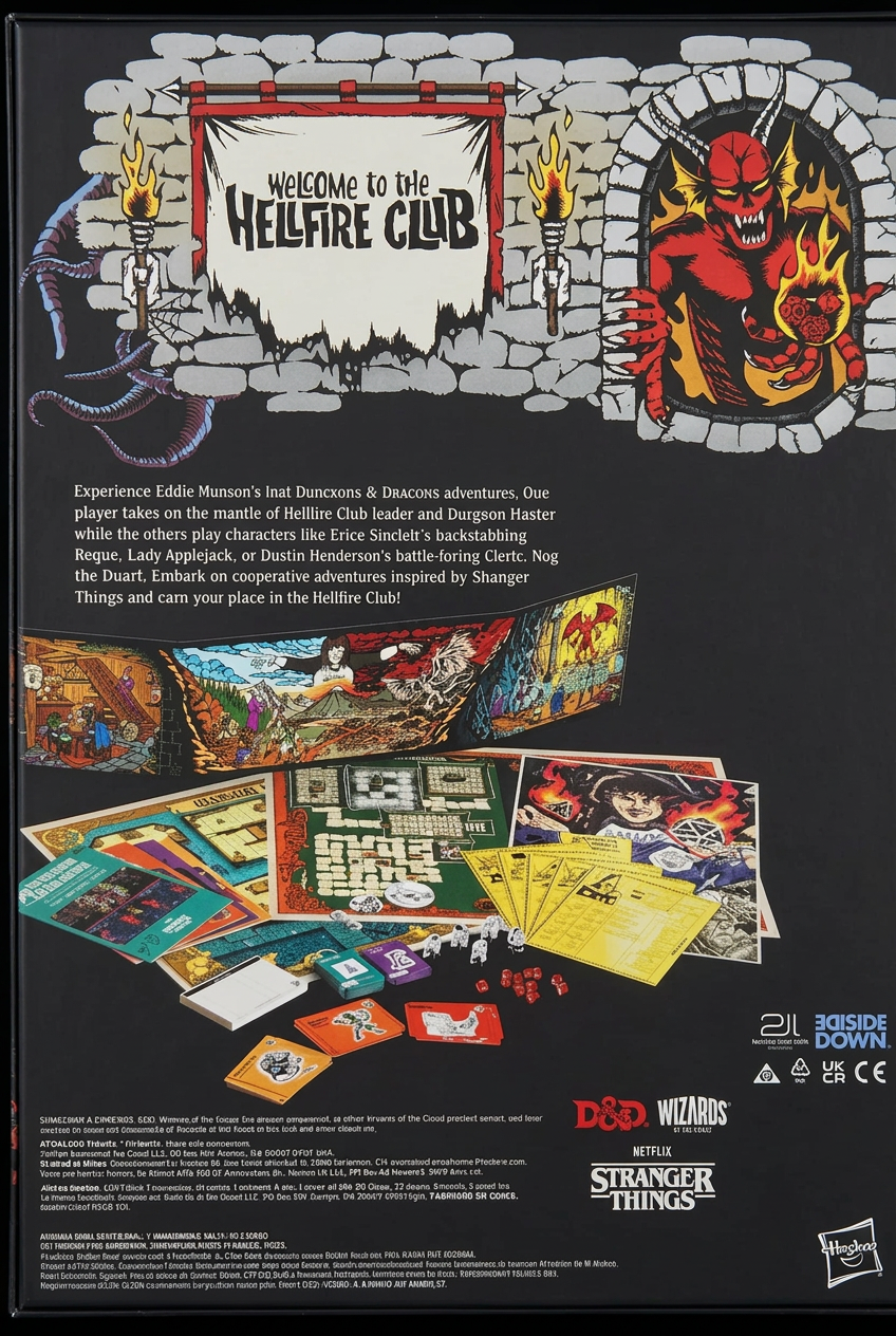 Back cover of the Stranger Things D&D module 'Welcome to the Hellfire Club' inside shrink wrap, showing artwork of a blue demon and a red demon, product details, character cards, and a barcode.