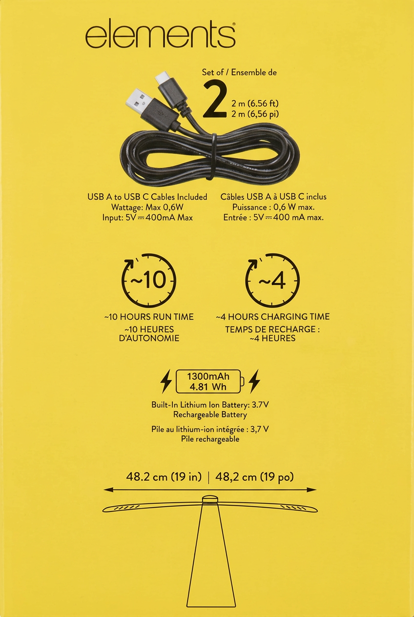 Yellow packaging insert for a USB 3.0 Cables Set by elements, showing a black USB cable, charging specs, dimensions, and a barcode.