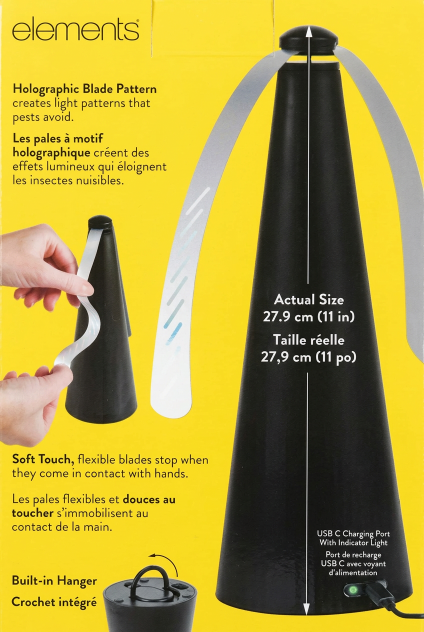 Back of a Nuna Elements electric kettle in its retail packaging, featuring a bright yellow background with product details, dimensions, and a small inset photo of the flexible blade.