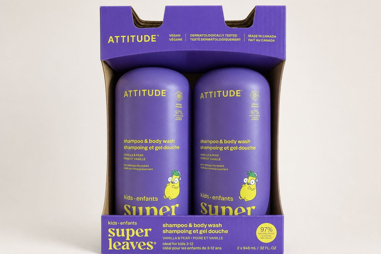 ATTITUDE Super Leaves Kids 2-in-1 Shampoo & Body Wash - Vanilla & Pear, 2 x 946 mL product photo 1