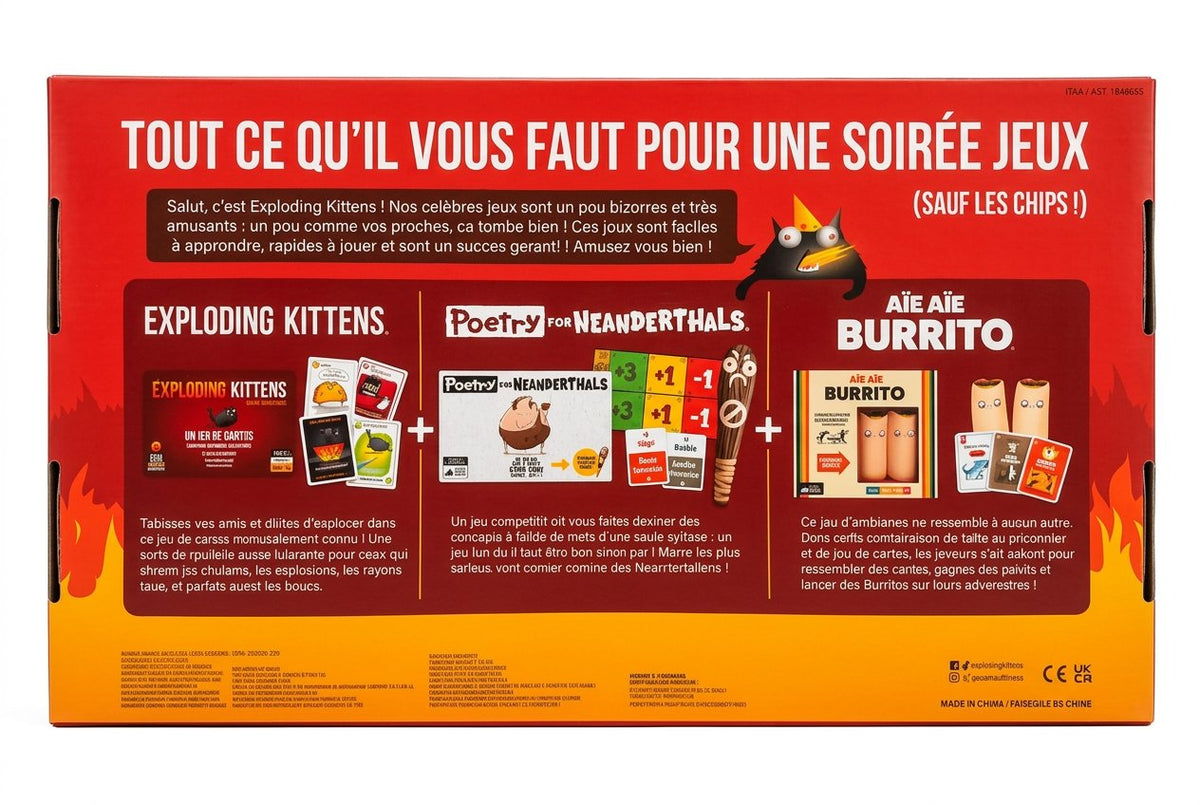 Back of a board game packaging with text and images of games like 'Exploding Kittens', 'Poetry for Neanderthals' and 'Aïe aïe burrito'.
