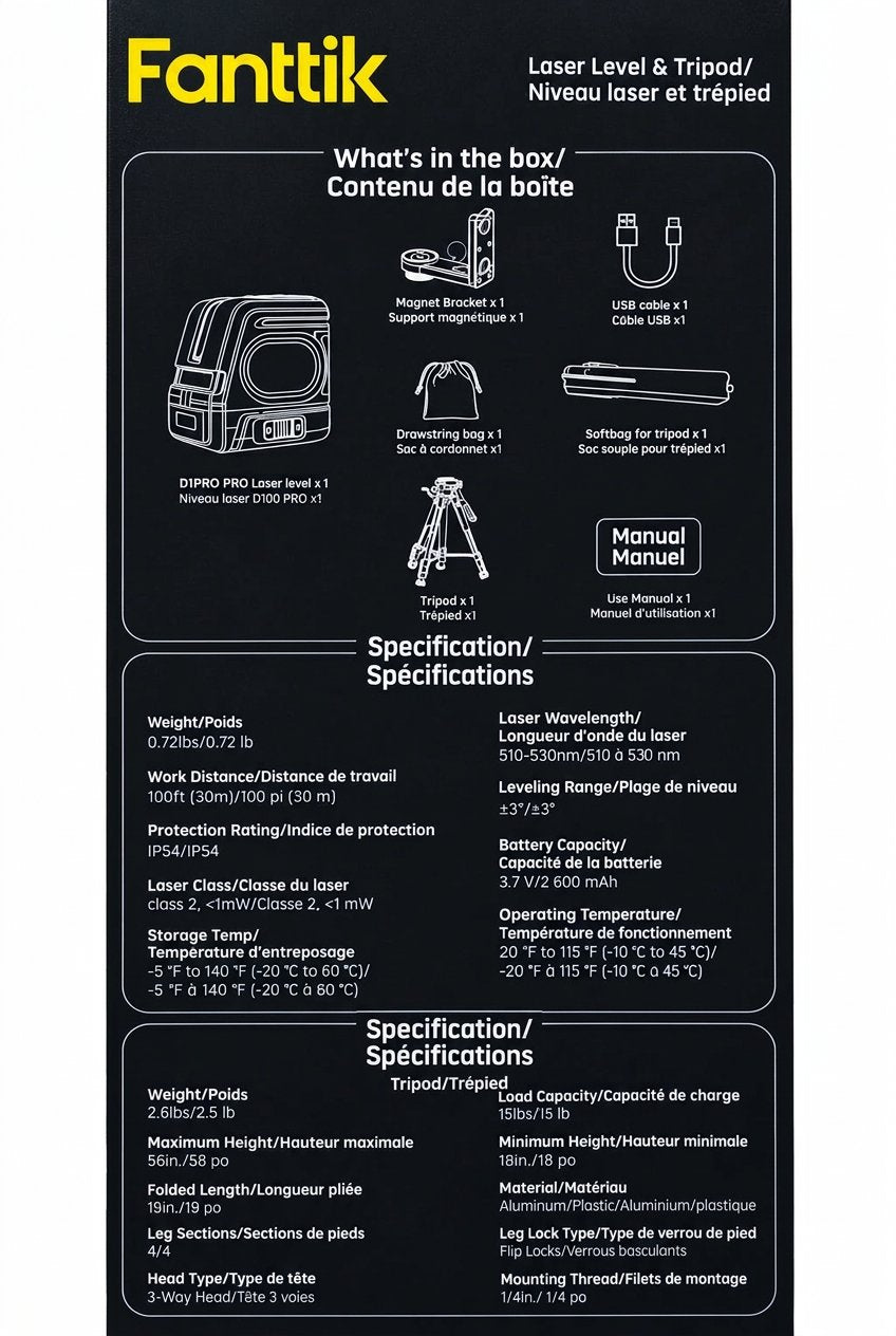 Back of the Fanttik D100 Pro box listing what's included and the laser and tripod specifications