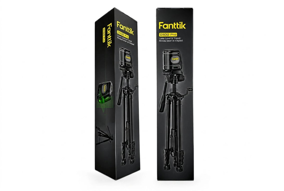 Fanttik D100 Pro laser level and tripod box, shown at an angle and from the side