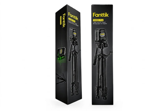 Fanttik D100 Pro laser level and tripod box, shown at an angle and from the side