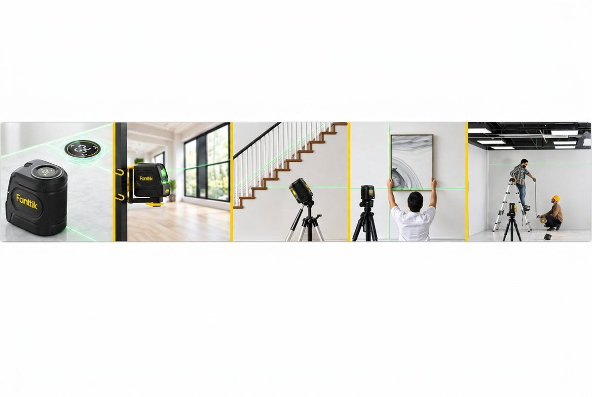 Fanttik D100 Pro box side showing the laser used on stairs, for hanging a picture and on a renovation site