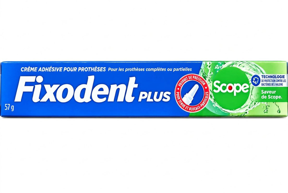 Fixodent Plus Scope Flavour Denture Adhesive Cream tube box front panel