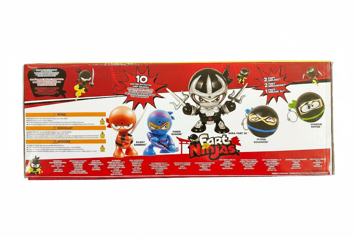 Box of Fort Ninjas toy set on a black surface