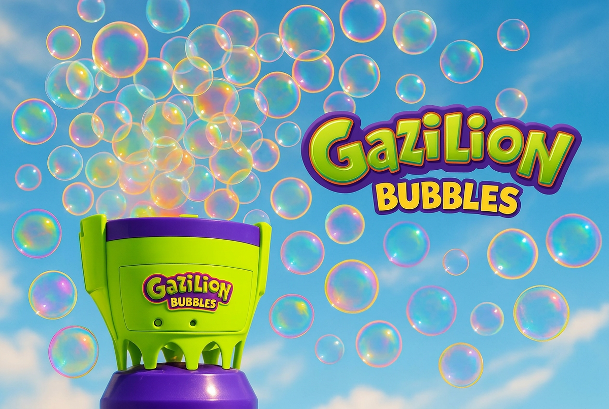 Gazillion Bubbles machine with colorful bubbles against a blue sky