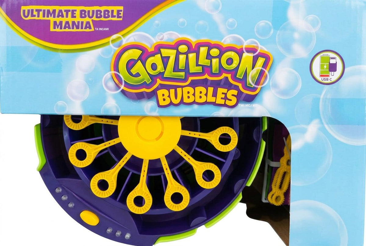 Gazillion Bubbles bubble machine packaging with bubbles in the background