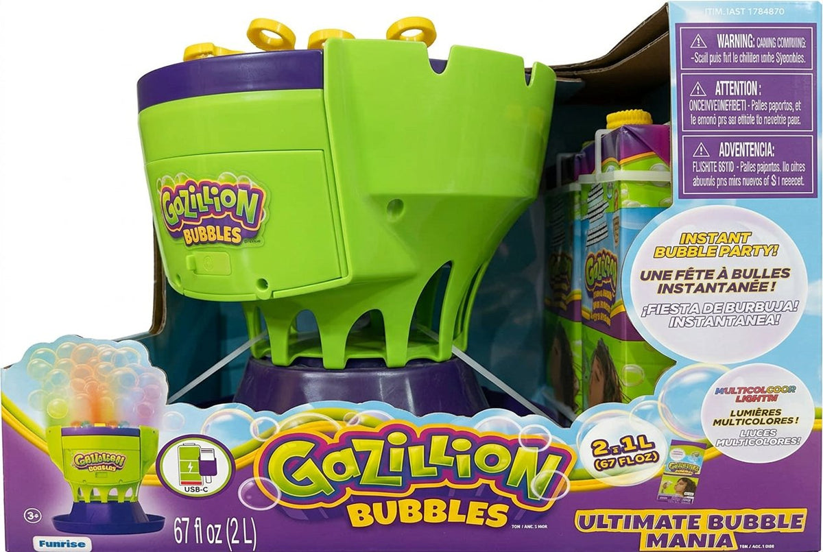Gazillion Bubbles bubble machine with packaging on a white background