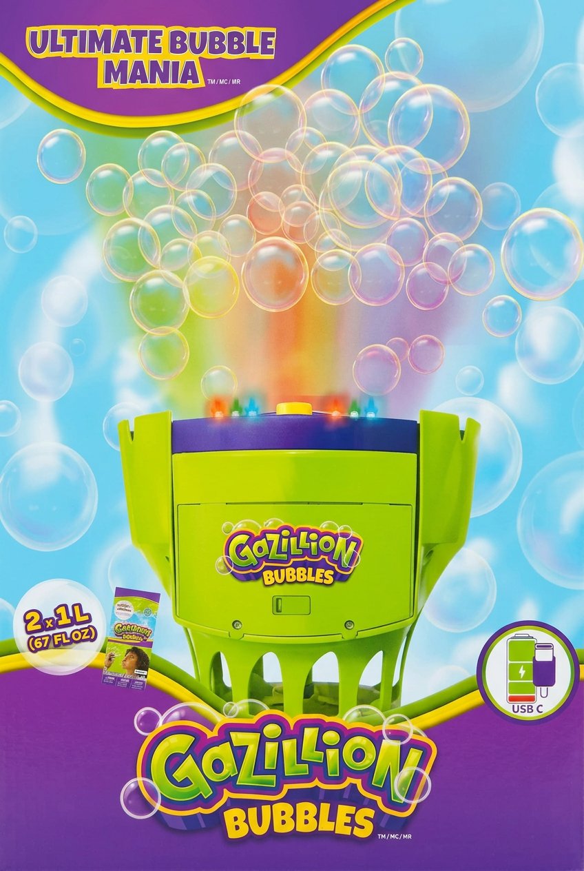 Gazillion Bubbles machine packaging with bubbles and branding on a colorful background
