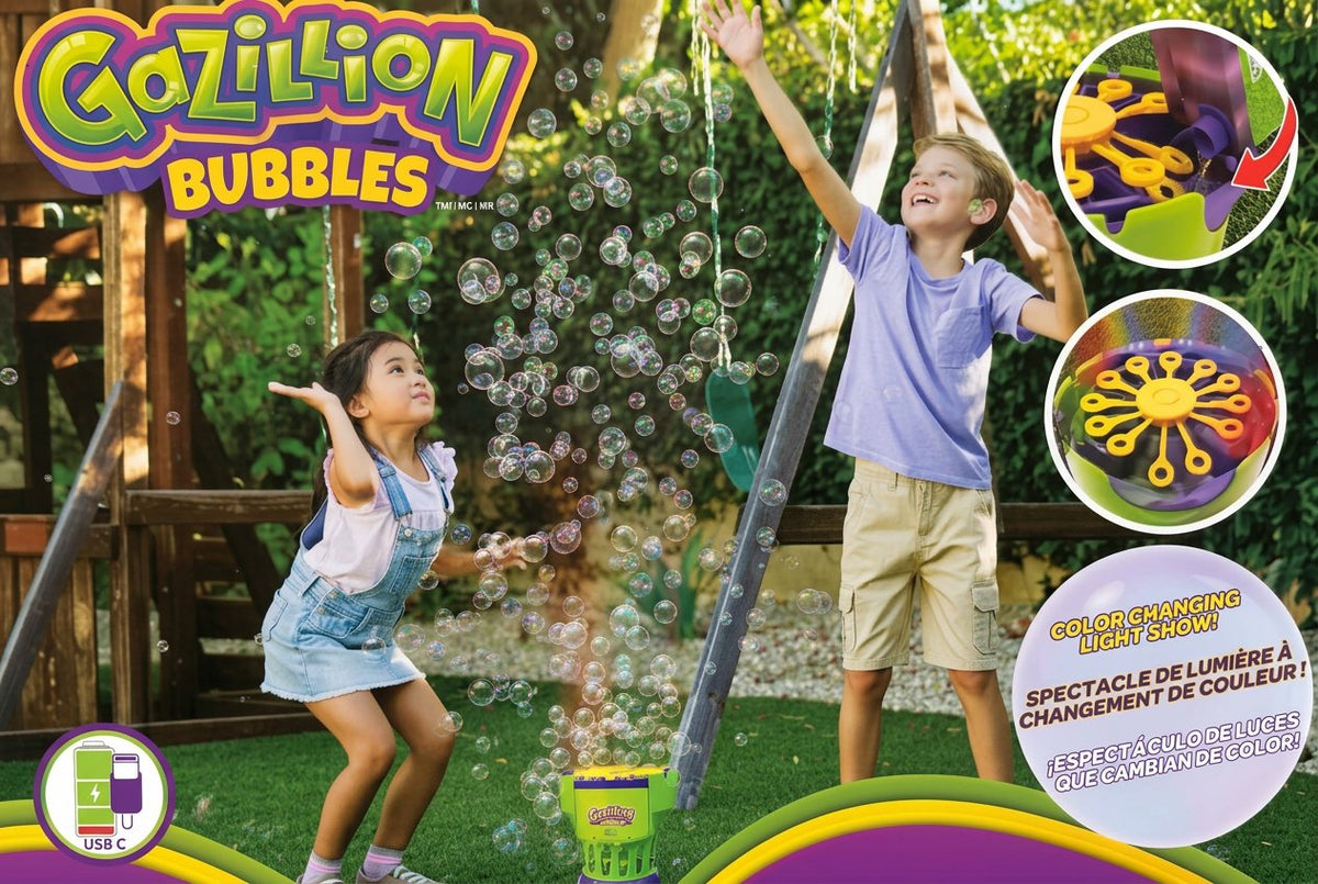 Gazillion Bubbles product packaging with children playing outdoors, featuring bubble solution and machine.