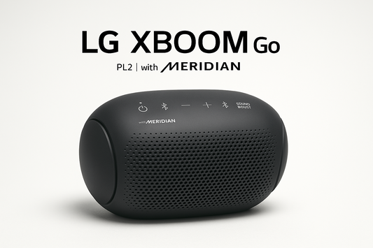 Black LG XBOOM Go speaker with Meridian logo on a white background