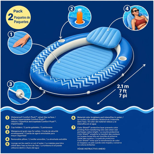Back of the H2OGO! Comfort Plush lounger box showing the cup holders, grab rope and removable pillow features