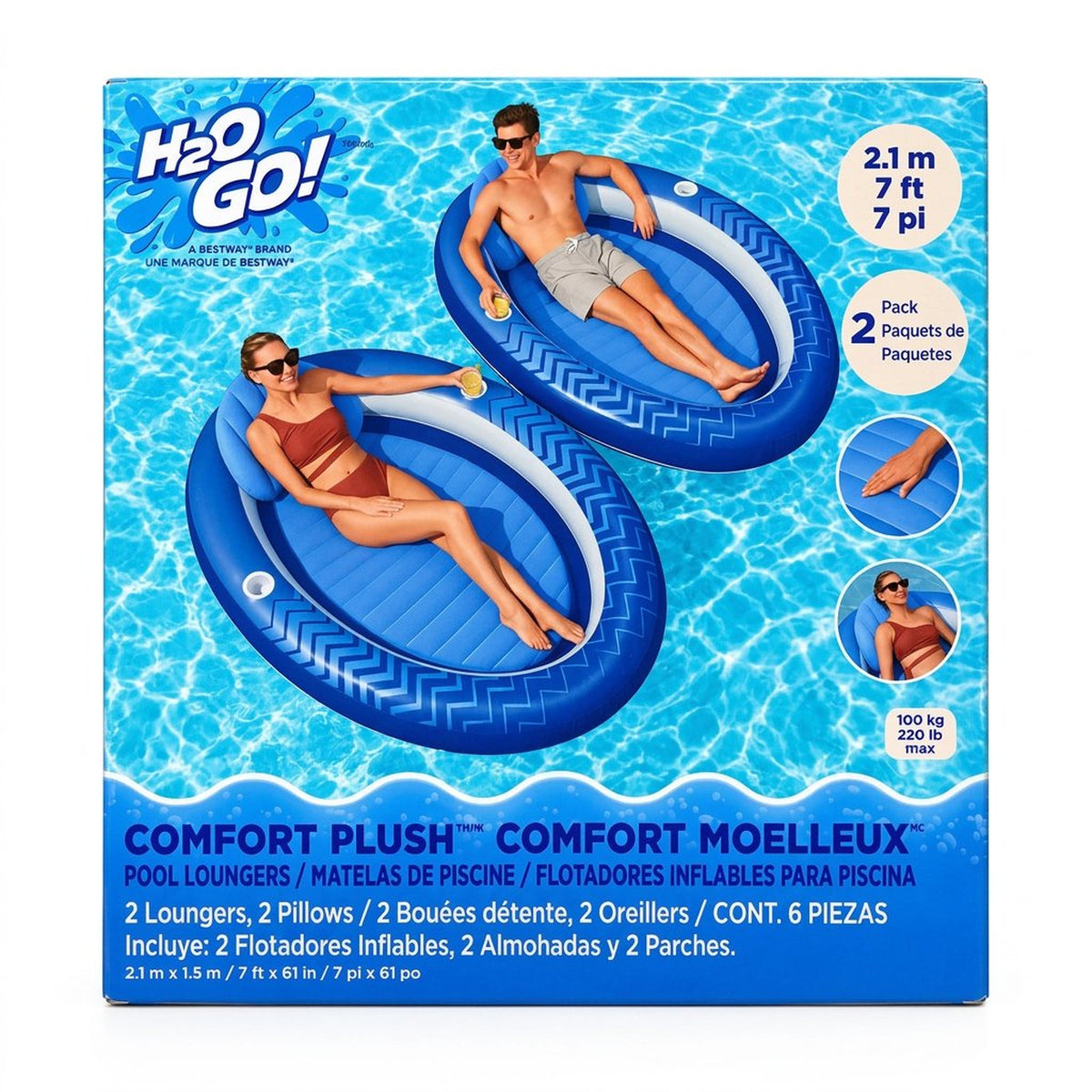 H2OGO! Comfort Plush pool loungers 2-pack box front showing two blue and white loungers on the water
