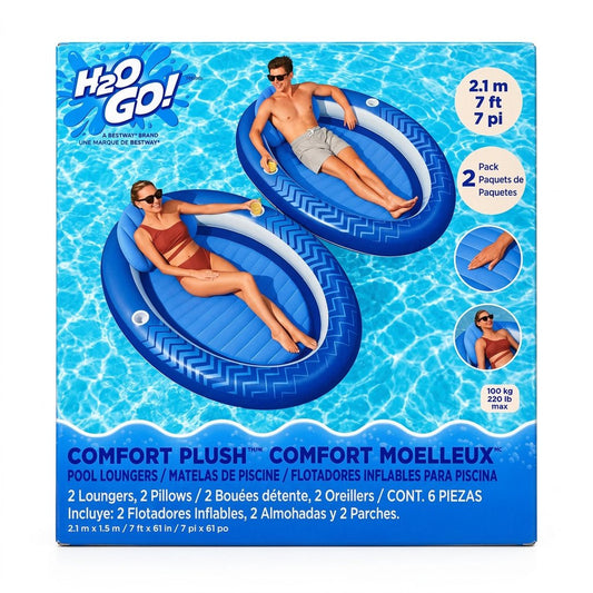 H2OGO! Comfort Plush pool loungers 2-pack box front showing two blue and white loungers on the water