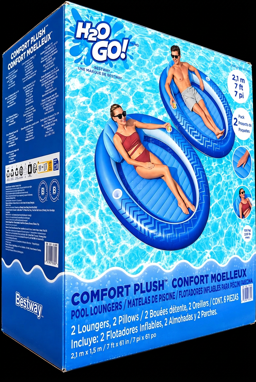 Matelas de piscine H2OGO! Confort Moelleux avec oreillers – lot de 2, 2,1 m x 1,5 m