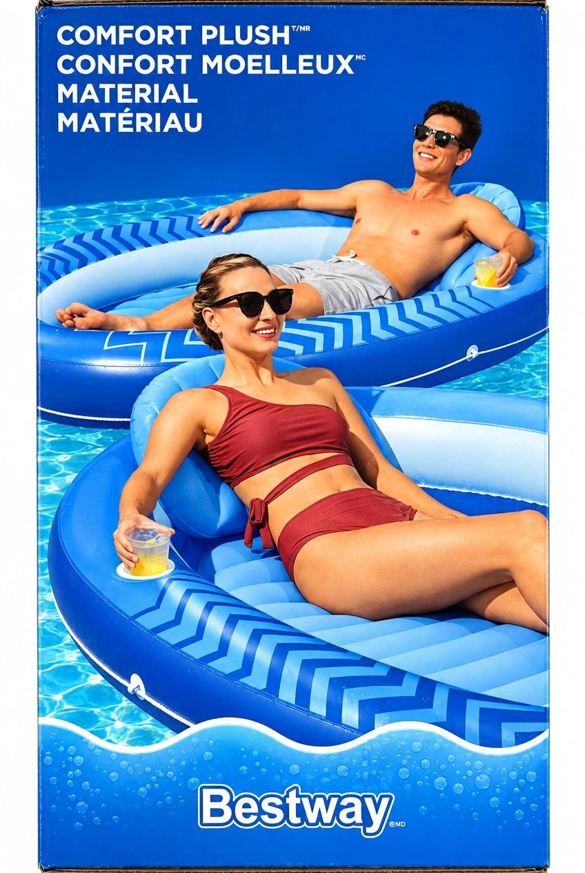 Side of the H2OGO! Comfort Plush lounger box showing two people relaxing on the loungers