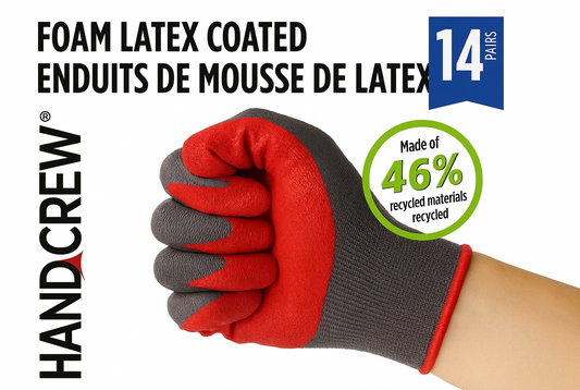 Red and gray gardening glove with 'Handcrew' branding and sustainability information on a white background.