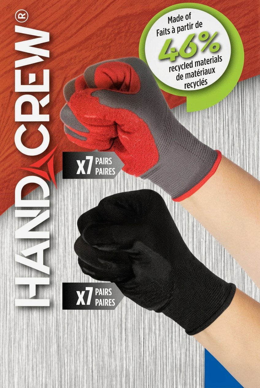 Hand Crew gloves packaging with red and black gloves on a gray background