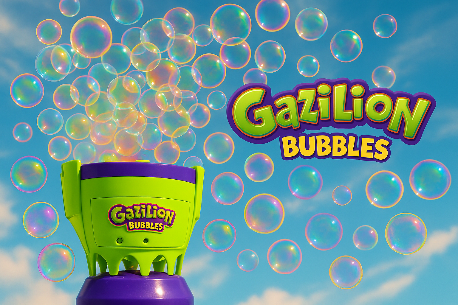 Gazillion Bubbles machine with colorful bubbles against a blue sky