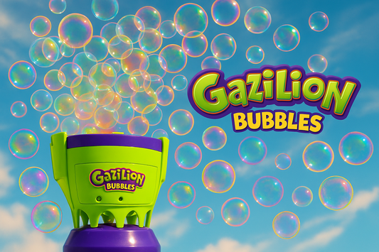 Gazillion Bubbles machine with colorful bubbles against a blue sky