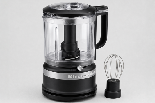KitchenAid 5-cup matte black food chopper with whisk accessory