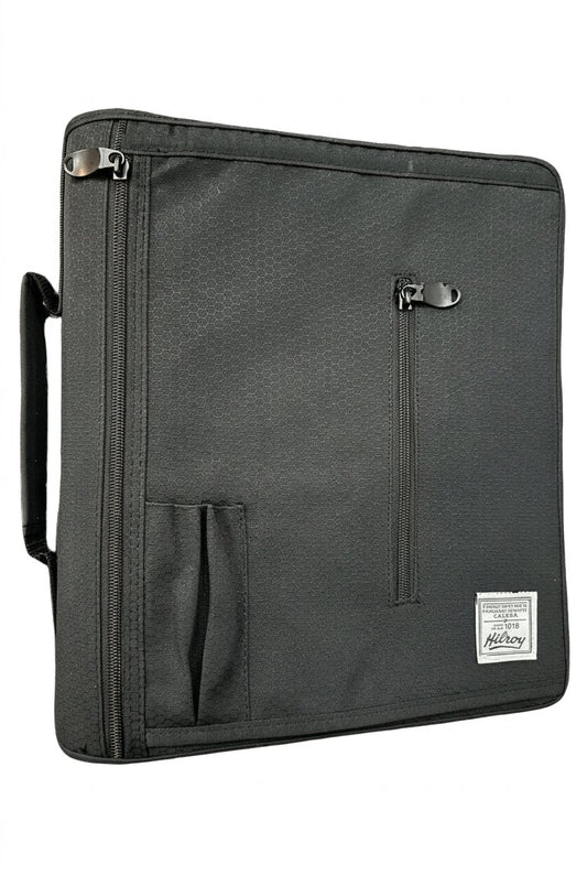 Black Hilroy binder with zippers and a handle on a white background