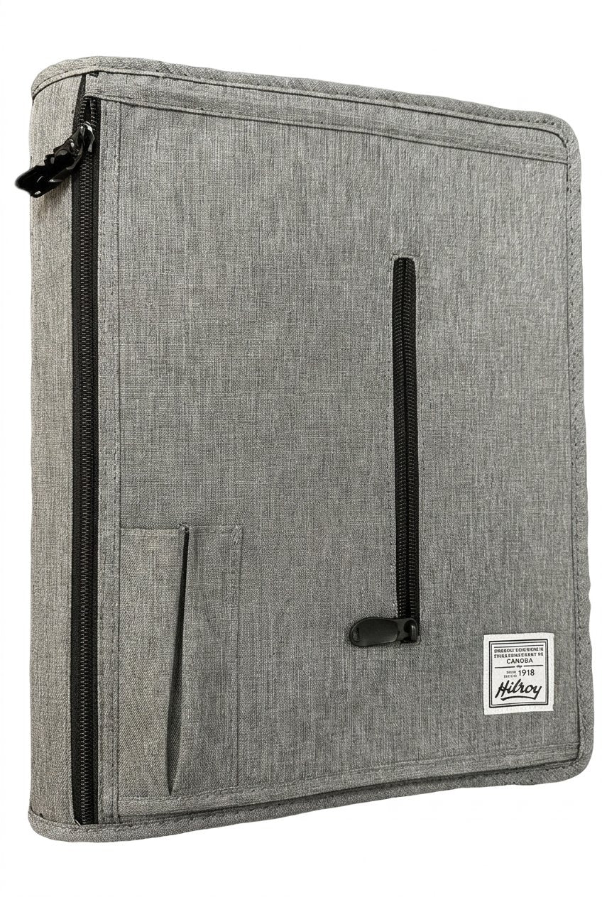 Gray Hilroy binder with zippers and a handle on a white background