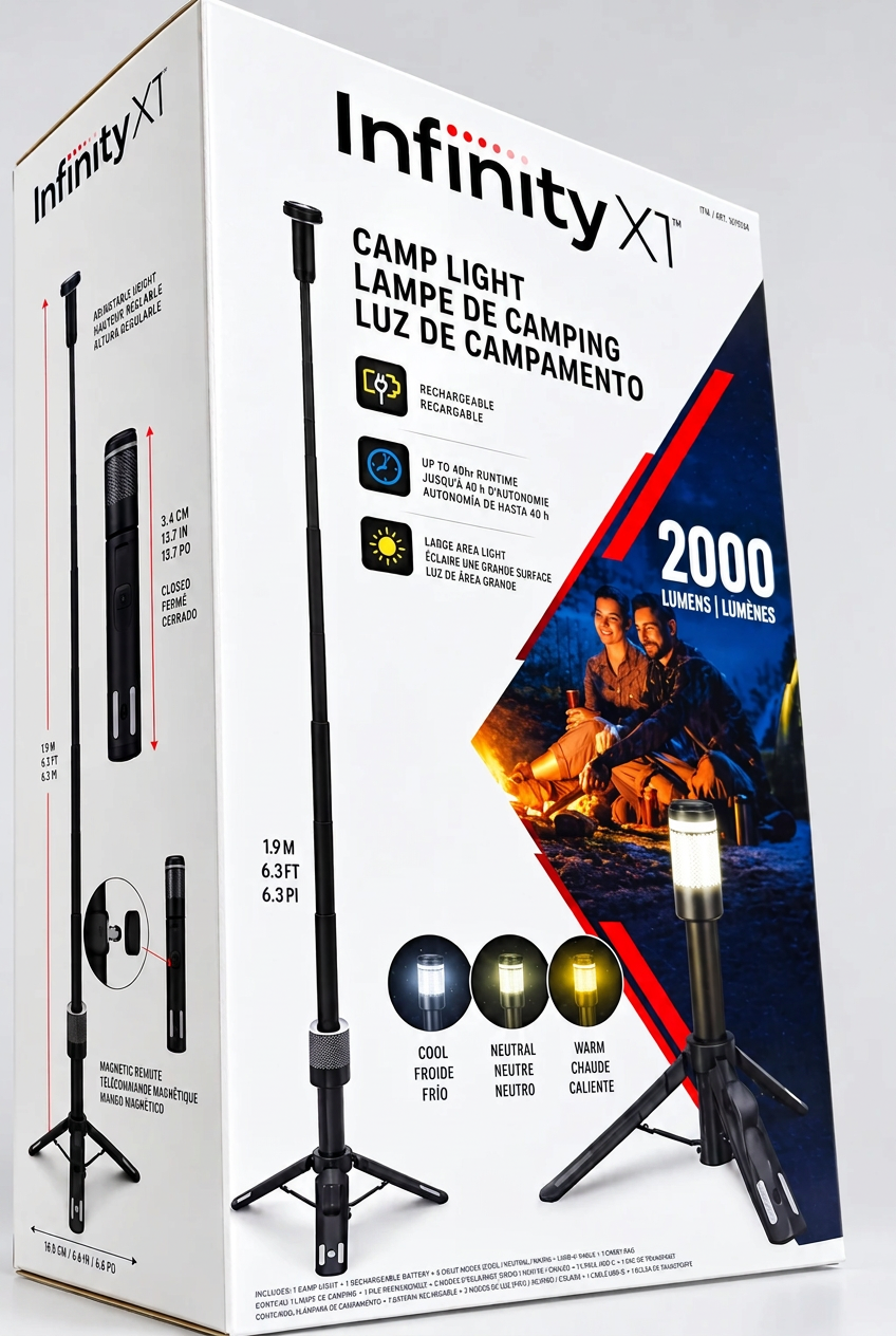 Infinity X1 Camp Light product packaging box, featuring a tall black tripod-style lamp and a small lantern on the front, with product features and a camping scene graphic printed on a white box.