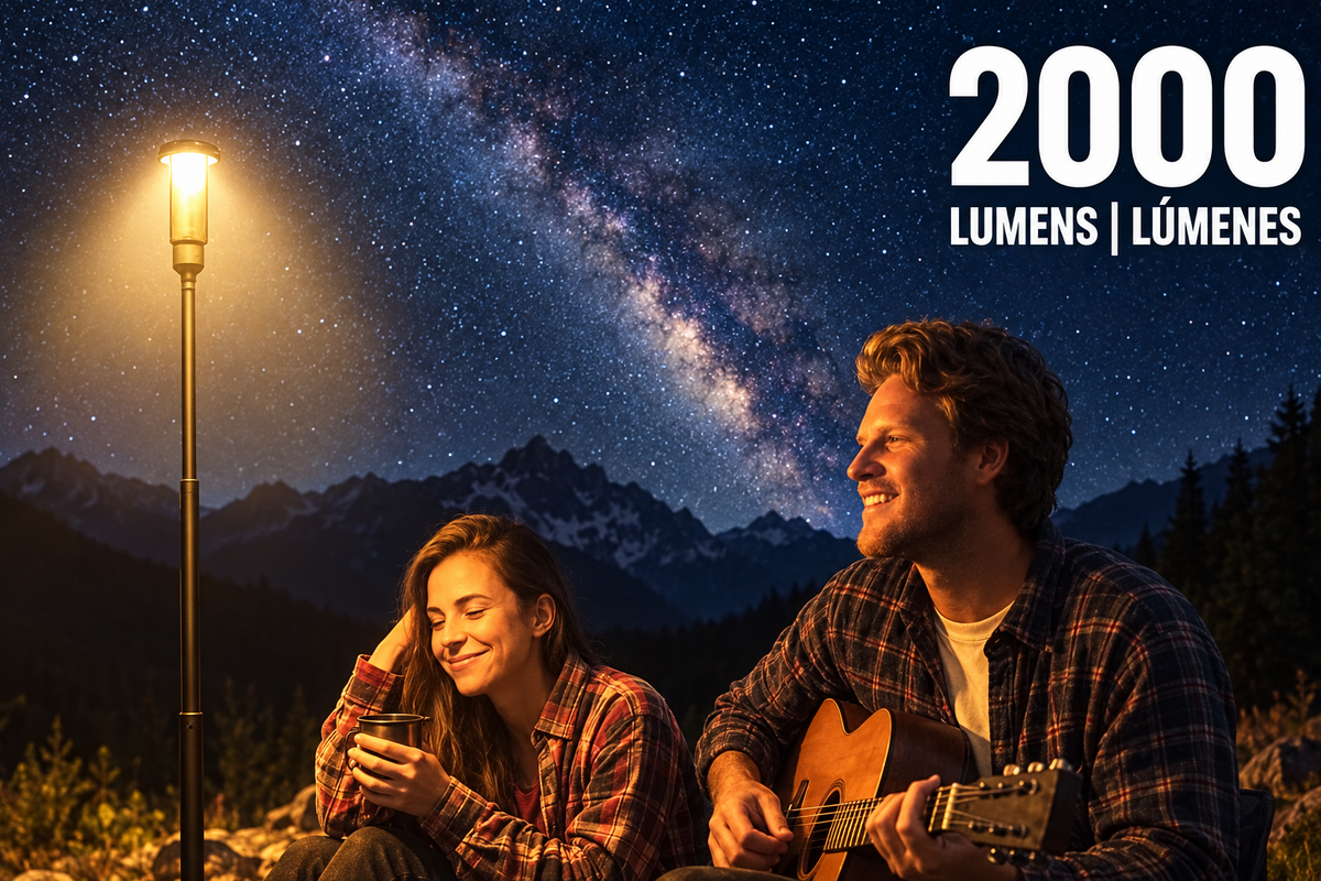 Back of a Cactus Lighting Infinity X1I 2000 lumens LED light package, featuring a product image of a couple under a night sky with a streetlamp, product specifications, and warning labels in Spanish.