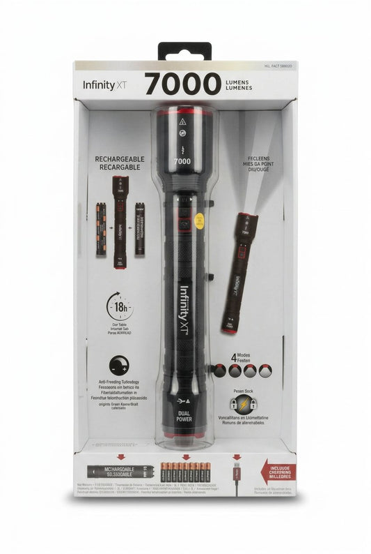 Infinity XP flashlight in packaging on a black speckled surface