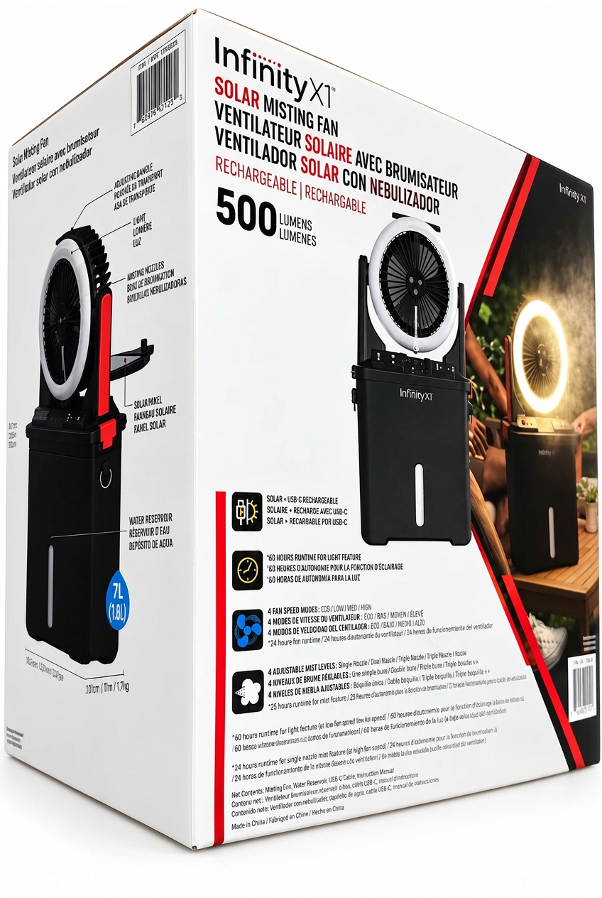 A boxed solar misting fan product package photographed on a plain white background. The box is mostly white with black and red printed graphics and text, showing the Infinity X1 solar misting fan and usage imagery on the front and side panels.