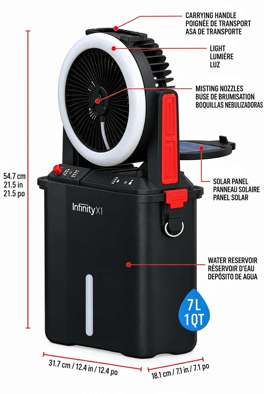 Front of a retail box for an Infinity X1 Solar Misting Fan, showing the product pictured on the package with dimension callouts and product labels.