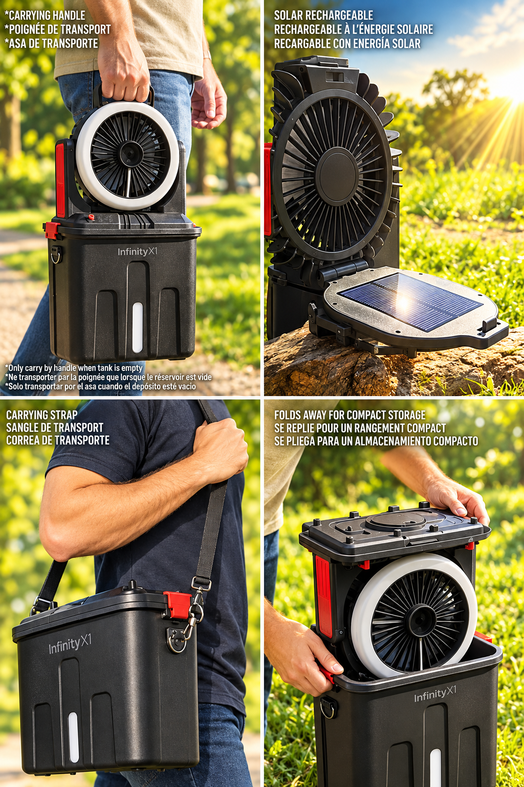 Back of a product box for the Infinity Solar Misting Fan, showing three demonstration panels with a person outdoors carrying the device in a black carrying case, plus text callouts about portability, solar rechargeability, and fog generation.